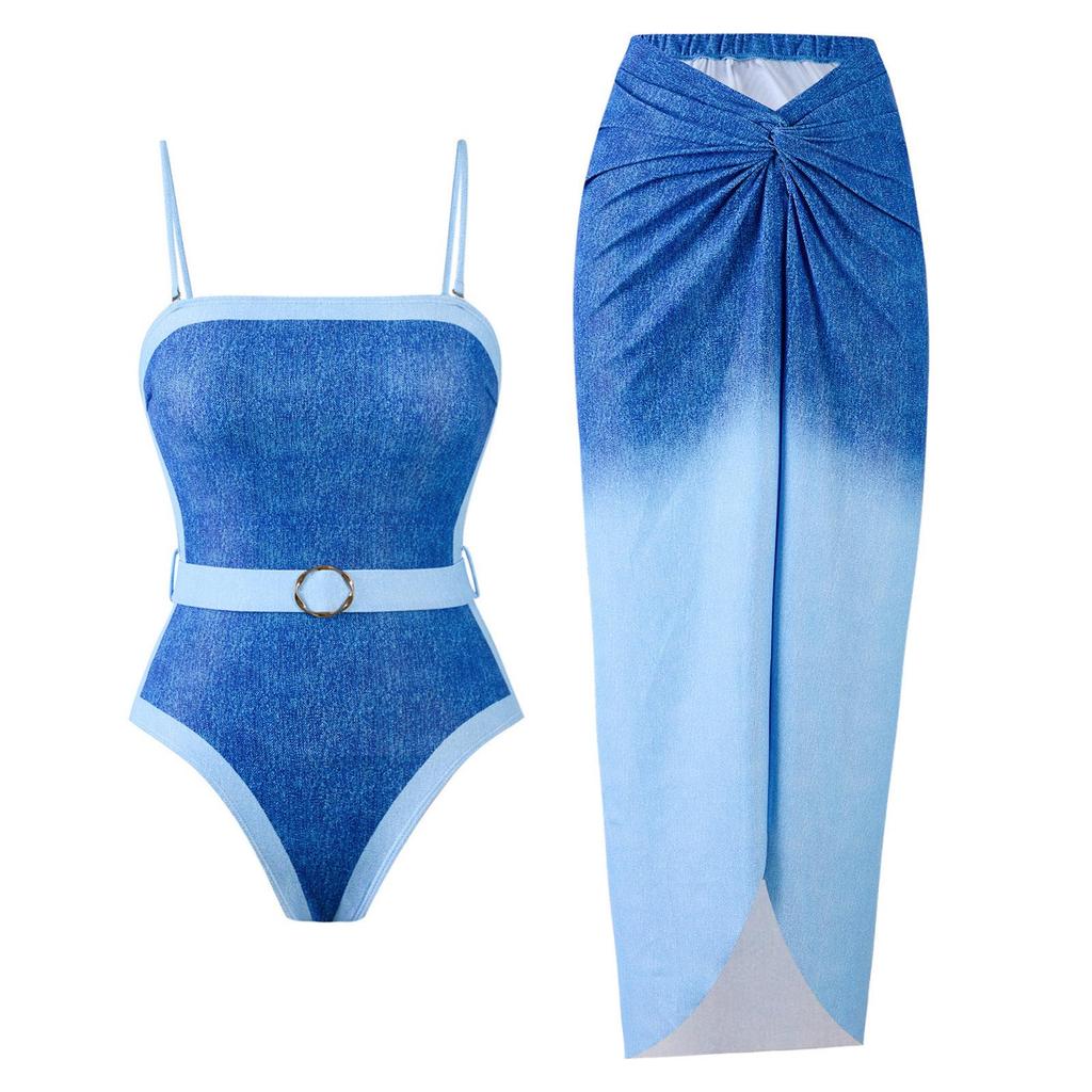 European & American One-Shoulder Split Swimsuit with Chiffon Skirt Set