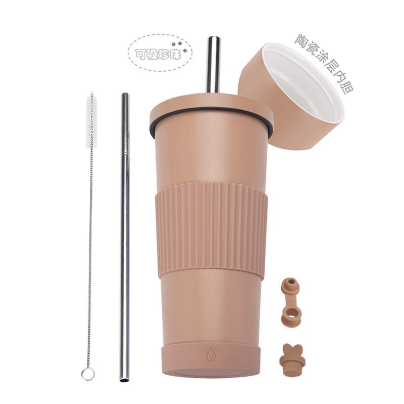 2025710Ml Stainless Steel Straw Cup Female Ceramic Liner Milk Tea Cup Non-Slip Portable Straw Thermos Cup