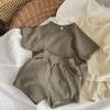 Children's Summer Outdoor Outfit Set: Solid-Color Waffle-Weave Short-Sleeve Top + Shorts—2-Piece Set for Babies