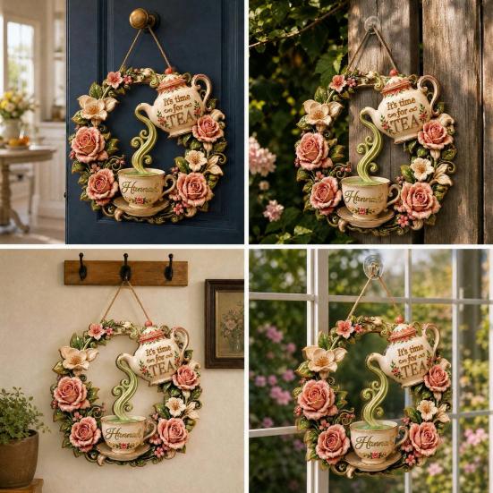 Yard Art Sculptures It's Time for Tea Door Sign, Metal Floral Wreath Hanger with Teapot Teacup Design, Windowsill Rustic Wall Decor Kitchen