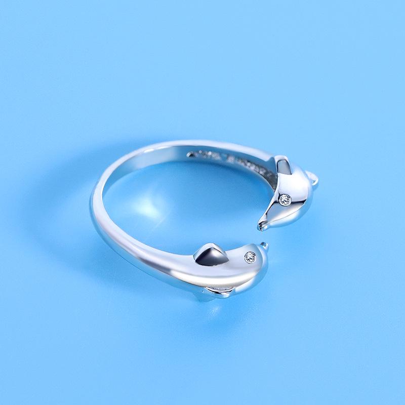 Qiaolanxuan Doppel-Delfin Liebe Imitation Sterlingsilber Verstellbarer Ring für Damen