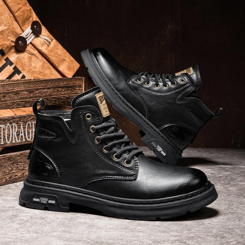 

Winter leather Martin boots men s heightening retro British high-top tooling shoes men s high-end mid-top flip men s shoes 39 чёрный
