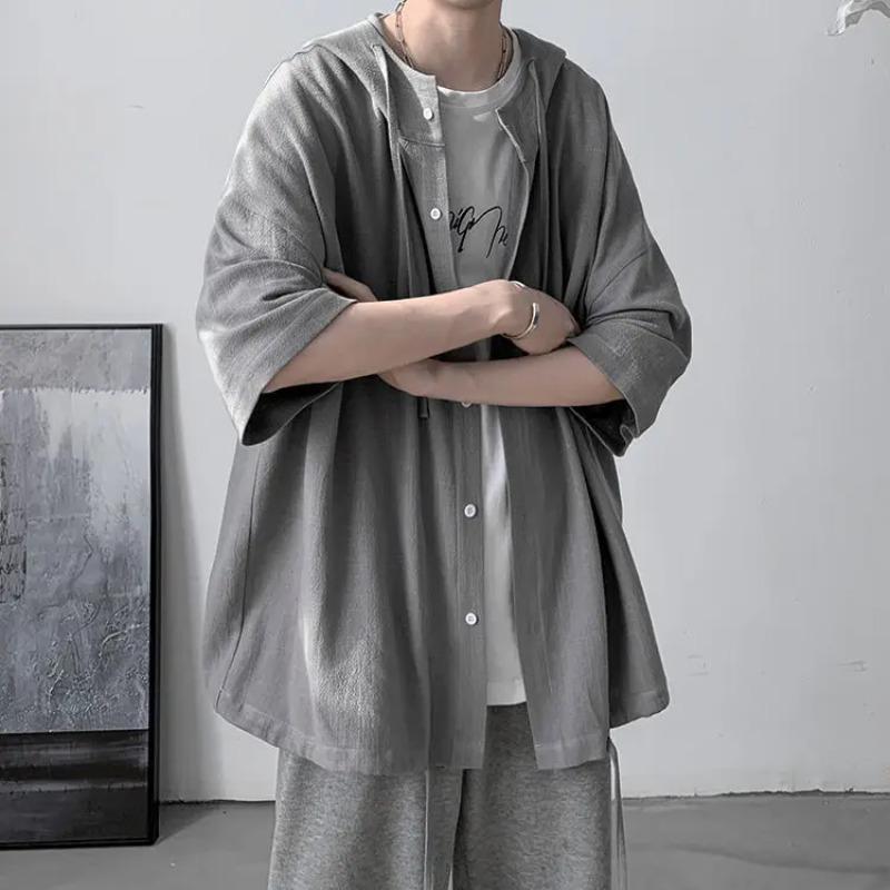 Camicia Oversize Vintage Stile Giapponese Estiva Uomo Casual Larga con Cappuccio Blusa All-Match Moda Streetwear Abbigliamento