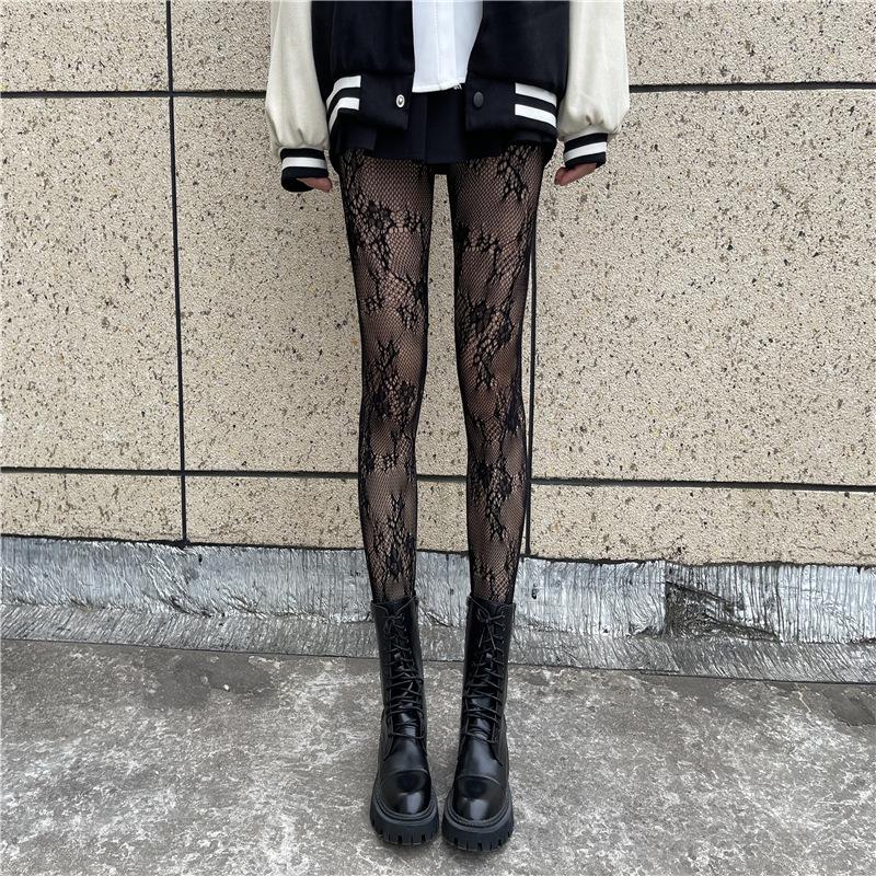 

Sushang Floral Vine Lace Fishnet Stockings - White Bowknot, Black Silk Pantyhose, 19 Flower Design One Size