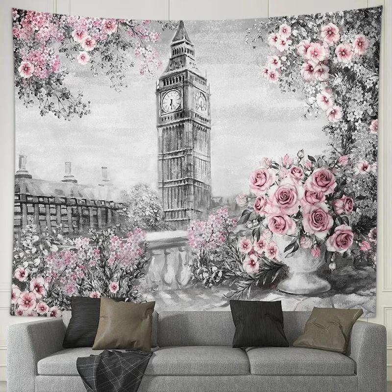Romantic Couple Lovers Tapestry Eiffel Tower Big Ben Tapestry Wall Hanging Maple Rose Decorated Home Bedroom Living Room Dorm