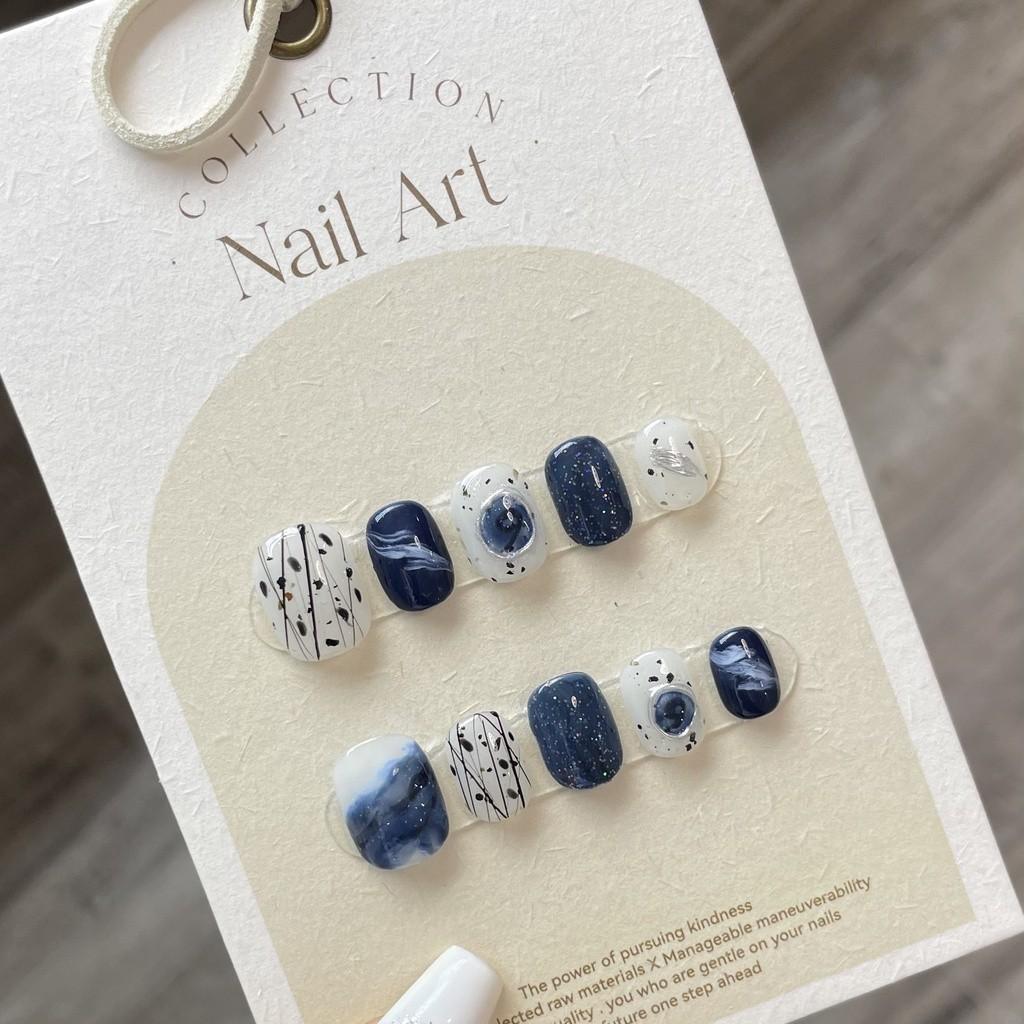 100% HANDMADE Short Round Fake Nail Set With Glue Star Ice Cream Blue&Yellow Cute gentle summer spring sea ocean diamond press on Nails Reusable