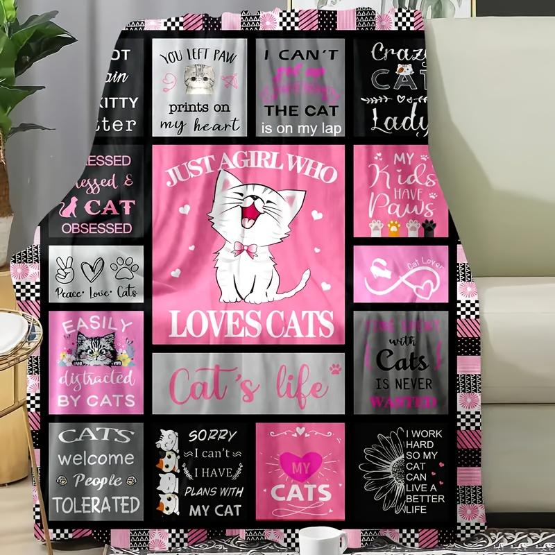 Cozy Cat Theme Flannelette Blanket - The Perfect Gift For Cat Lovers, Ladies And Girls | Soft, Warm And Machine Washable | Pink Striped Design