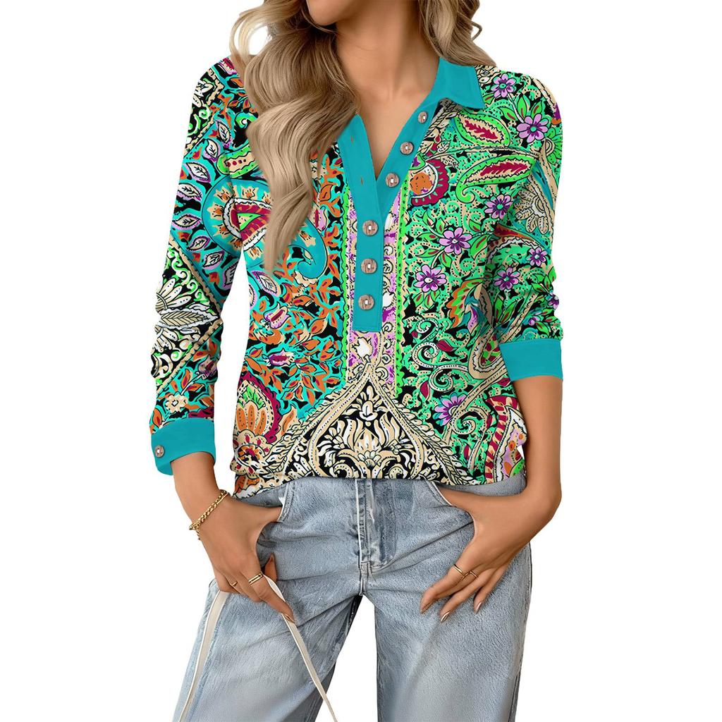 Women's Fashionable and Relaxed V,neck Long,sleeved Button,down Retro Print Pullover Top
