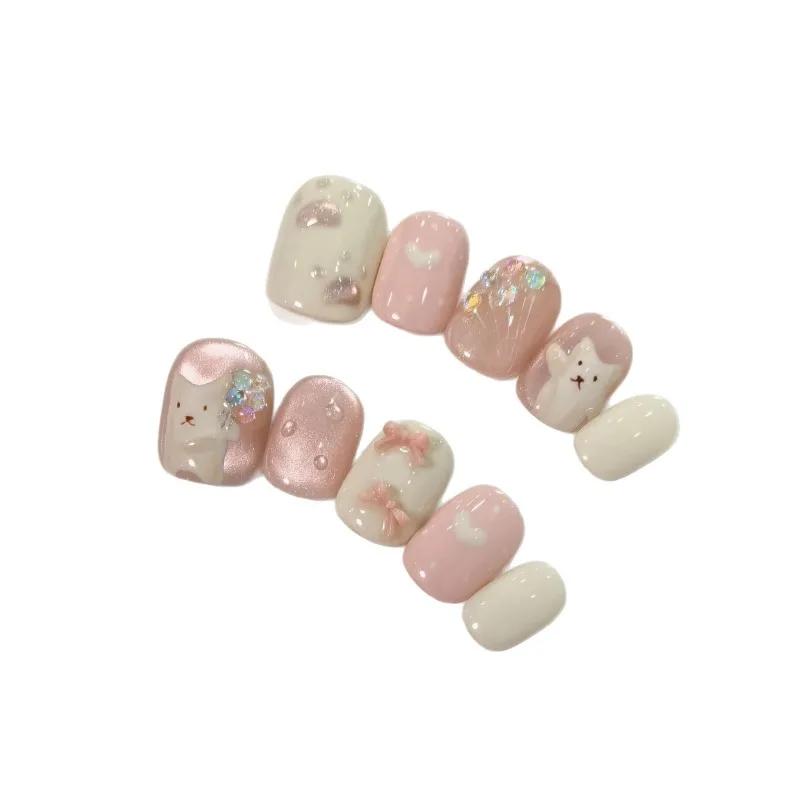 10Pcs Hamdmade Press on Nails Cat Eye Pink Hand-Painted Bouquet Cat Fake Nail Bean Nails Detachable Wearable Nail for Women
