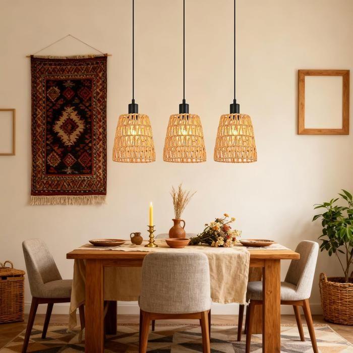 Suspension - NETTLIFE - Bohème - 3 lampes E27 - Abat-jour osier - Noir