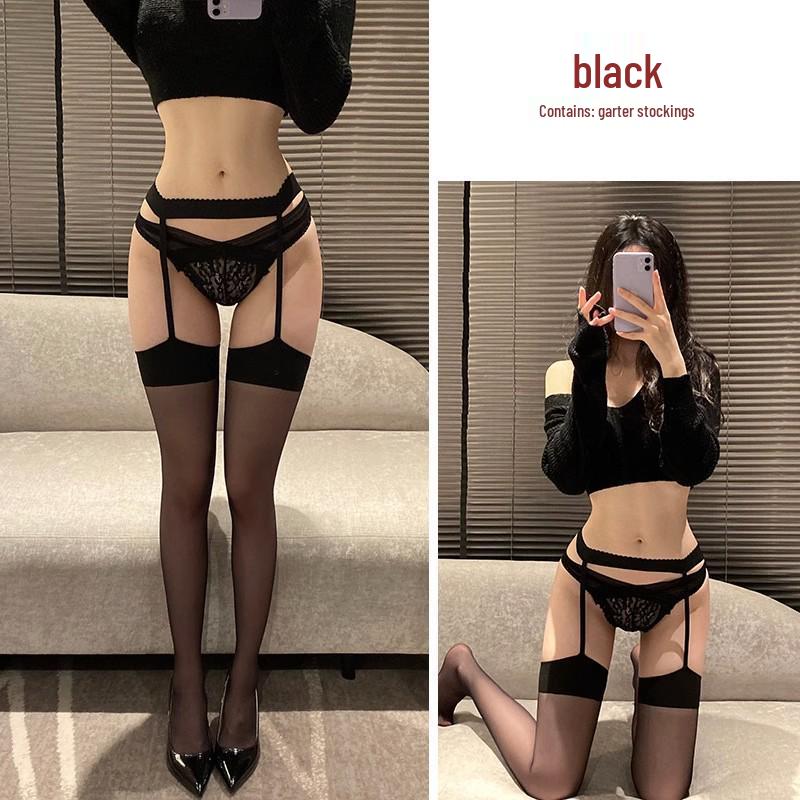 Seductive Black Silk Open Crotch Lingerie Stockings with Garter - Perfect for Midnight Passion
