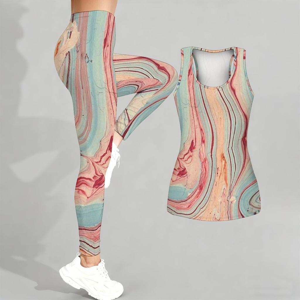 Marmoriertes gedrucktes Yoga-Outfit für Damen Mode-Workout-Leggings Fitness-Sport-Freizeit-Yoga-Set Sportanzug
