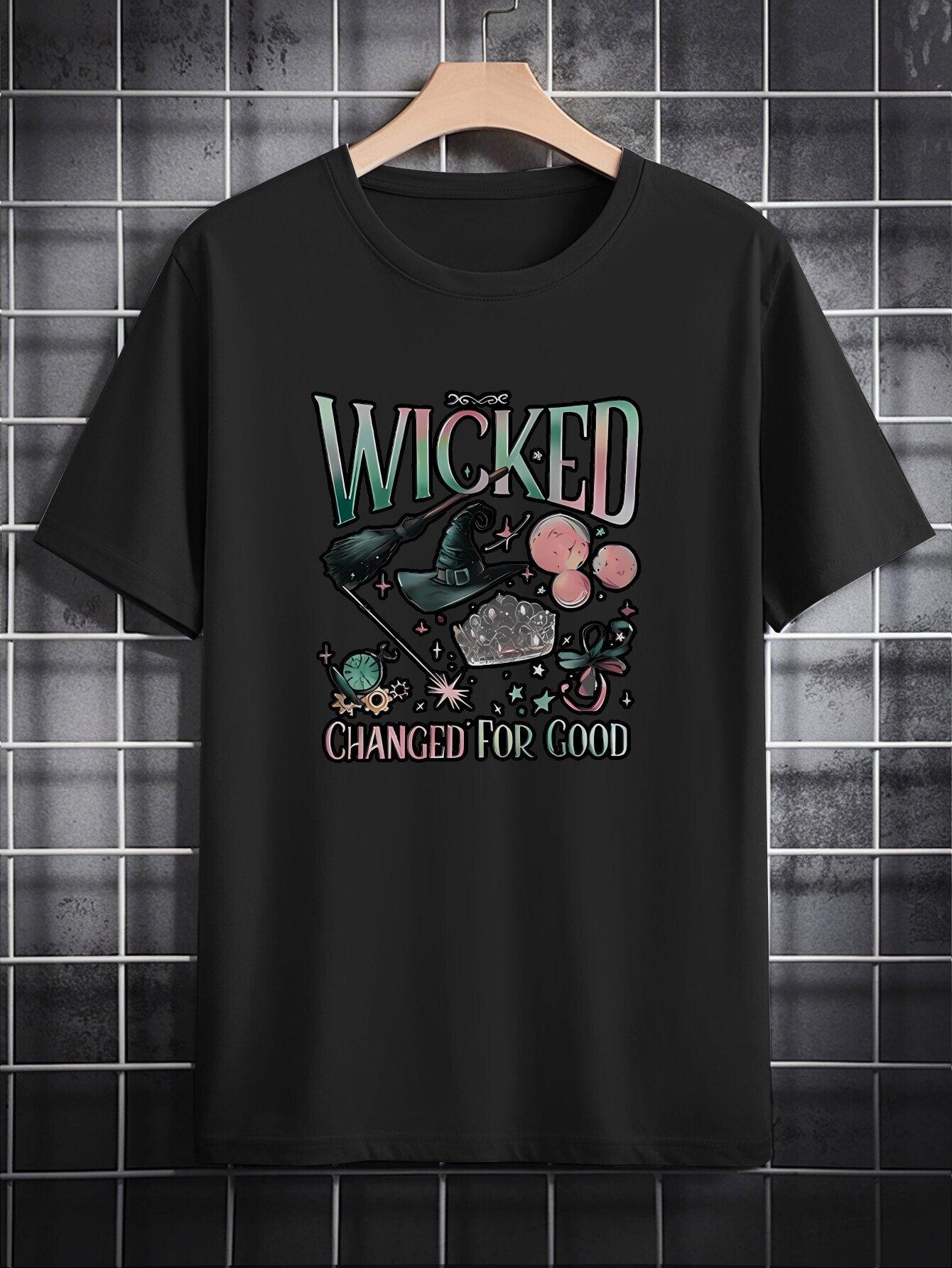 Casual Crew Neck T-shirt with  Wicked  Graphic Design - Black Polyester S