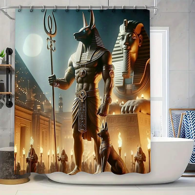 Altes Ägypten Duschvorhang: Anubis Statue Druck Wasserdichter Badvorleger Dekorationen Für Badezimmerzubehör Haushaltswaren