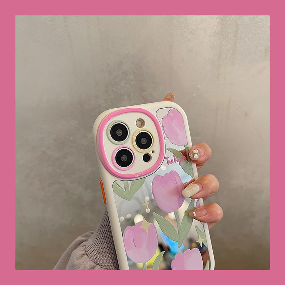 Fashion Pink Tulips Makeup Mirror Letters Lovely Flowers Phone Case For Iphone 14 11 12 13 Pro Max Shockproof Soft Back Cover