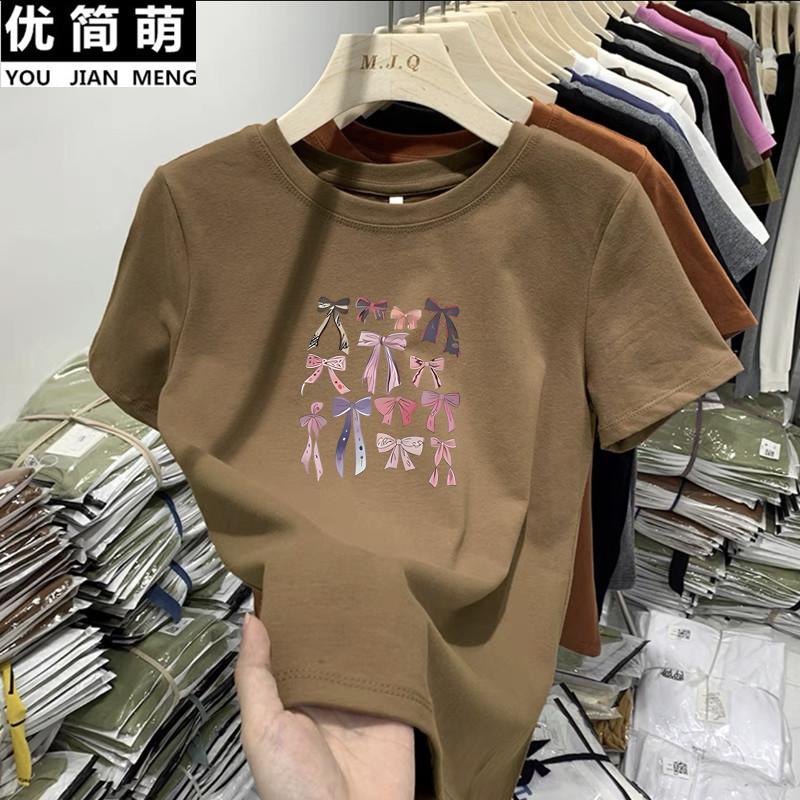 Women Multi Bowknot Graphic Crew Neck Short Sleeve Casual T-shirt