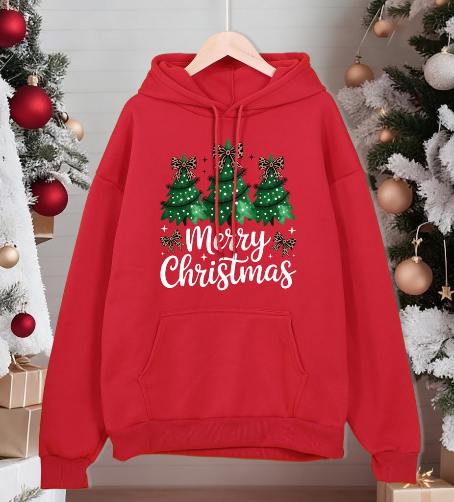 Merry Christmas Bow Trees Printing Hoody Men All-Match Autumn Sportswear Oversized Comics Streetwear Casual Fleece Hoodies