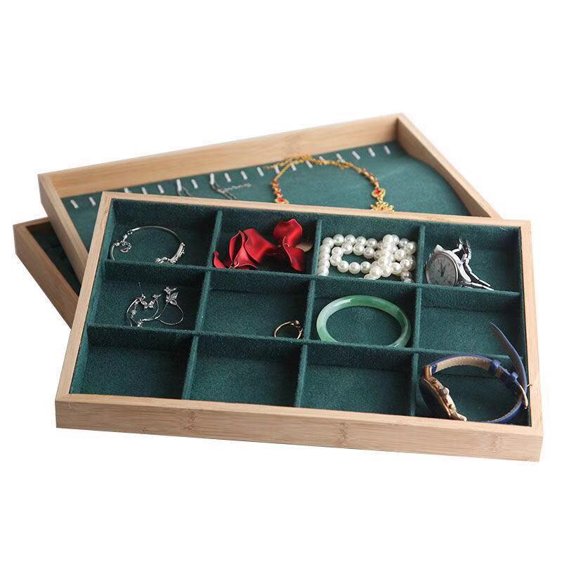 Bamboo Velvet 12-Grid Jewelry Display Tray for Bracelets, Rings, and Necklaces - Free Shipping Solid Wood Round Ring Tray Dark Green