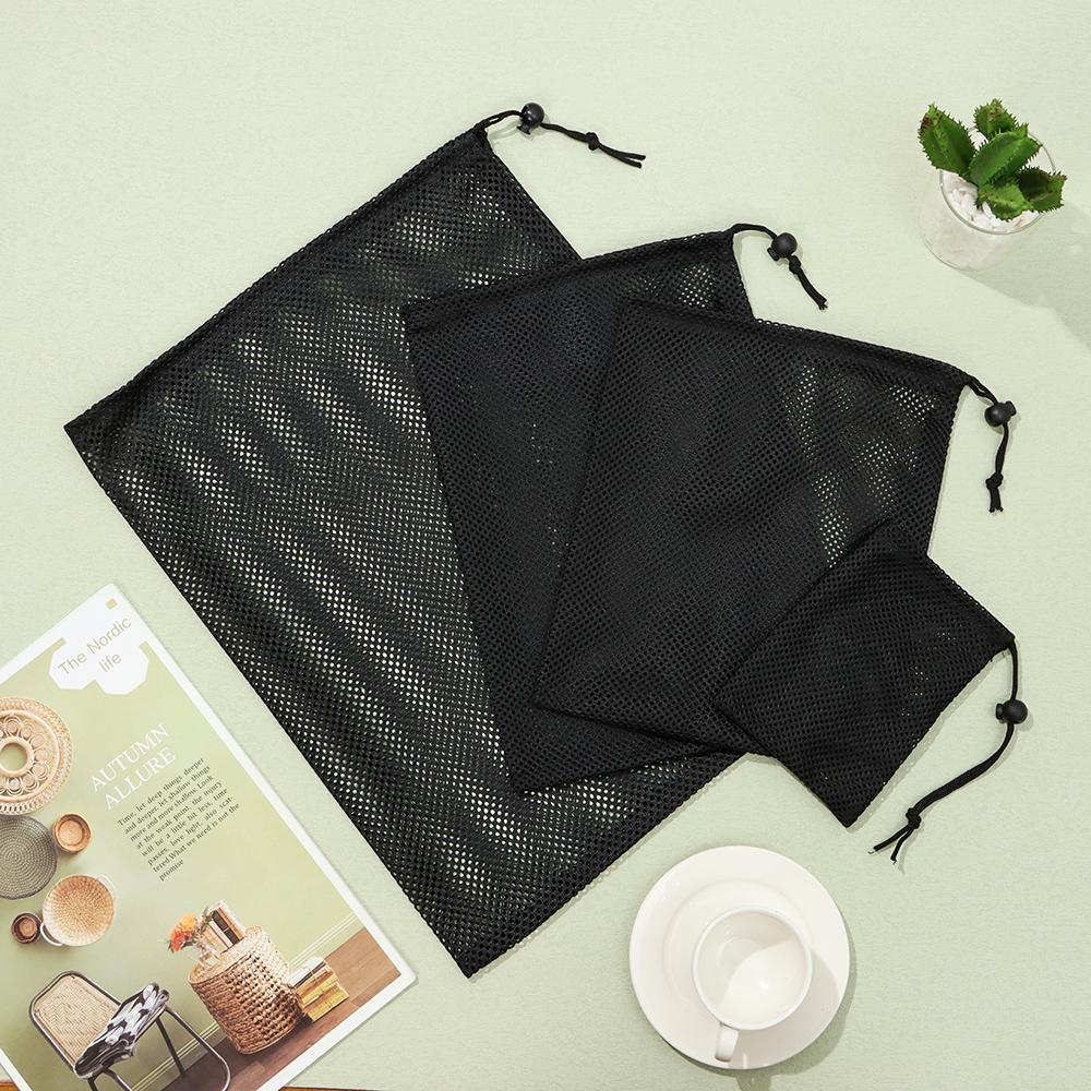 1 Stück Schwarzer Strapazierfähiger Nylon-Netz-Kordelzugbeutel Aufbewahrungstasche Mehrzweck Haus Reisen Outdoor-Aktivität Wäschebeutel Packsack
