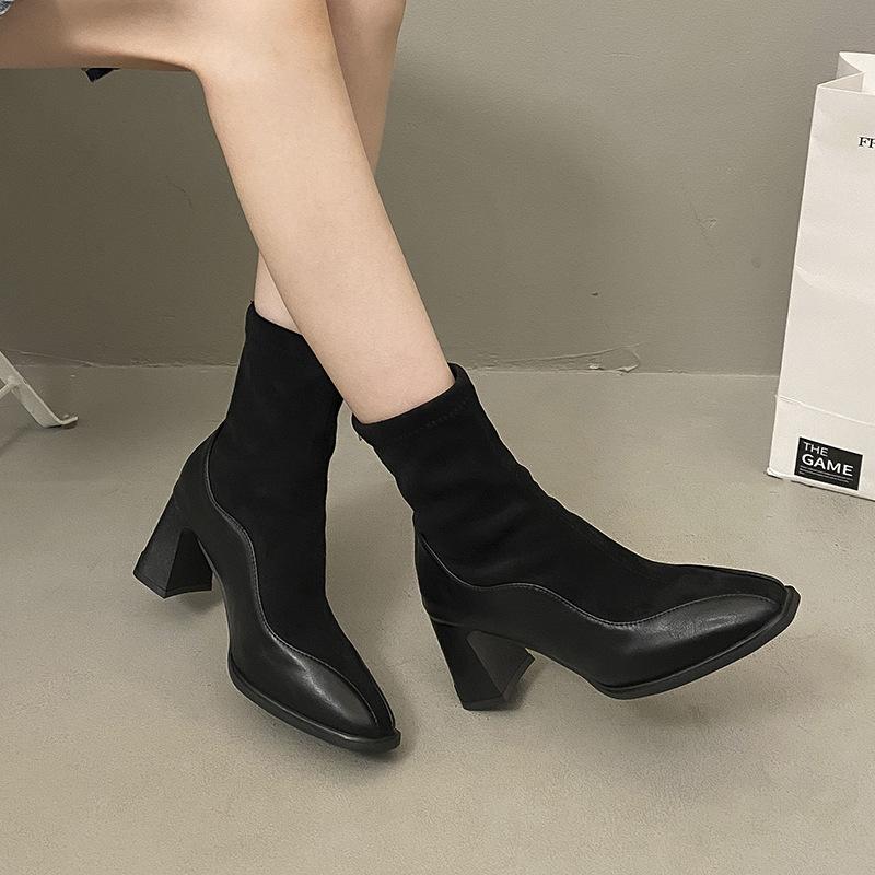 French cowhide thin boots high heel short boots women's autumn and winter new square head temperament Martin boots slim elastic boots