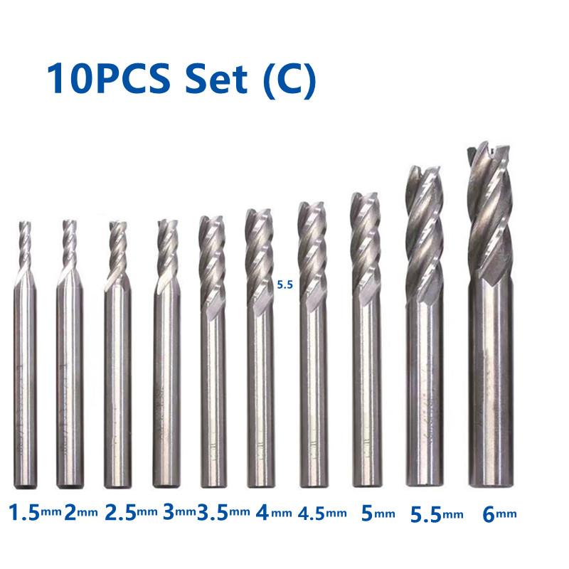 10PCS Set Combined HSS End Mill 4 Flutes High Speed Steel Milling Cutter 1.5mm - 12mm CNC Metal Milling Tools Set