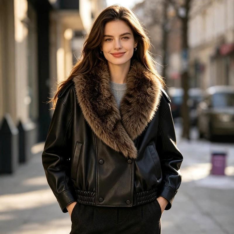 Womens Faux Leather Biker Jacket With Removable Fur Collar Streetwear Chic Outerwear