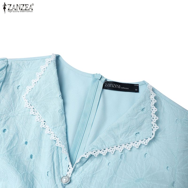 ZANZEA Women Casual Turn Down Collar Summer Patchwork Crochet Short Sleeve Dress