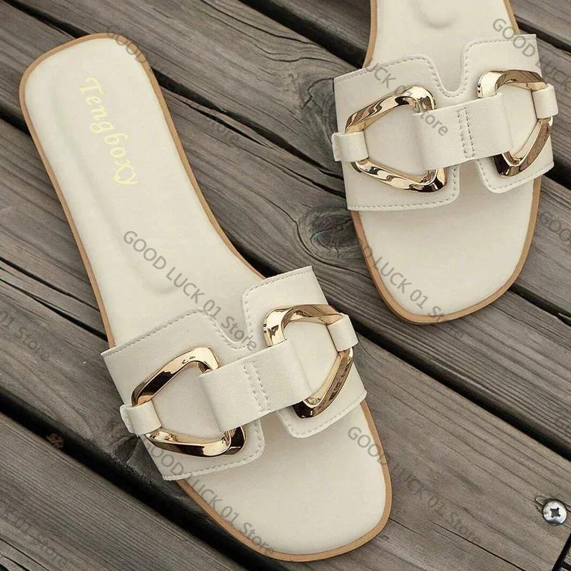 Fashion 2025 Women Metal Decor Single Band Flat Sandals Fashion Sexy Open Toe Outdoors Slides Luxurious Office Ladies Party Female Shoes