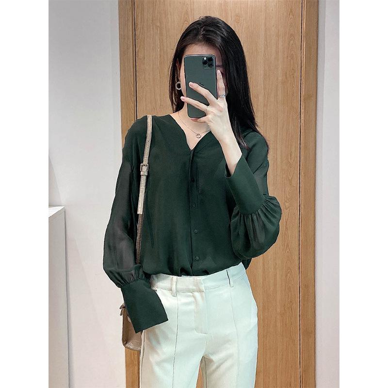 

Шифоновая рубашка для женщин на весну и осень, новая модная рубашка с V-образным вырезом, стильный французский ретро-топ 3XL