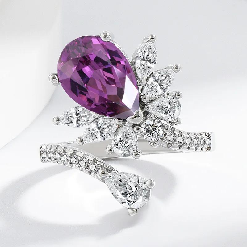 925 Sterling Silver Luxury Fashion Purple Water Drop Zircon Diamond Ring Birthday Anniversary Wedding Party Gift
