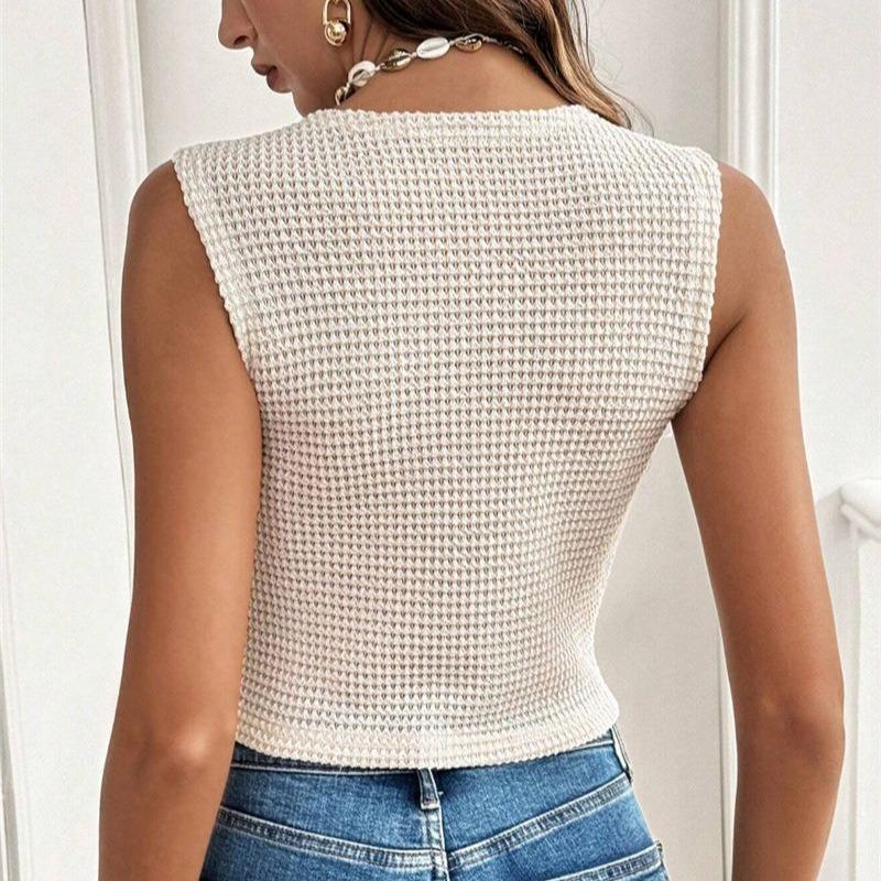 Fashion V-neck Summer Sleeveless Short Women Office Shirt Casual Waistcoat New Simple Three-button Tops Women's Vest T-shirt Slim Fit Pleated Clothing