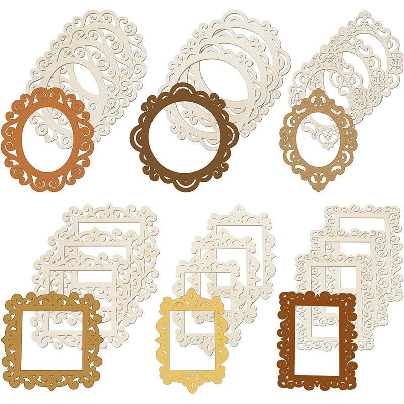 

24 PCS Vintage Carved Wooden Frames Set with Jute String, 6 Designs for Photo Display, DIY Crafts, Wedding & Home Wall Decor