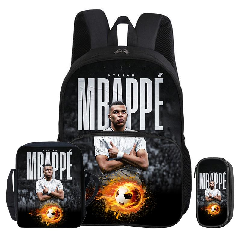 M-Mbappe 3-delat set med ryggsäck med framficka, fotbolls- och sportväskor över axeln, fotbollsstjärna pennfodral, elevskolväskor, ryggsäck