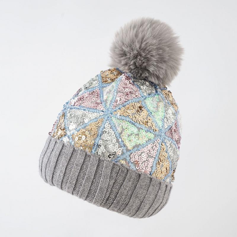 New sequined wool hat autumn and winter shiny beads keep warm removable hairball knitted hat women