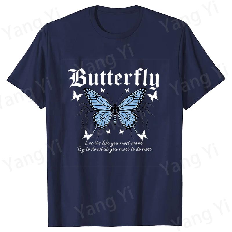 Blue Butterfly Print and Inspirational Slogan Print Tshirt Unisex Women Fashion Round Neck Loose Tee Shirt Streetwear Tshirt Tees