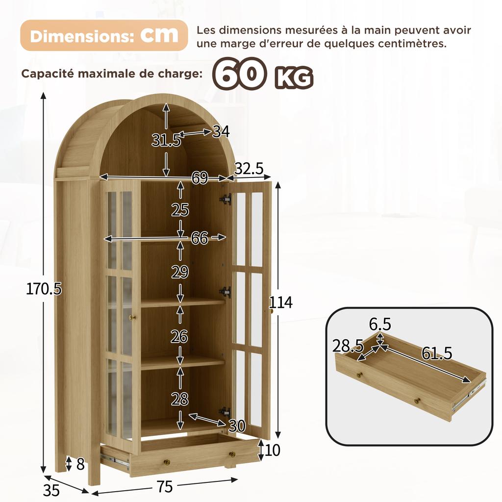 Moderner hoher Schrank in Bogenform mit Einlegeböden und Schublade - Vitrine mit höhenverstellbaren Regalen für Wohnzimmer, Arbeitszimmer, Esszimmer