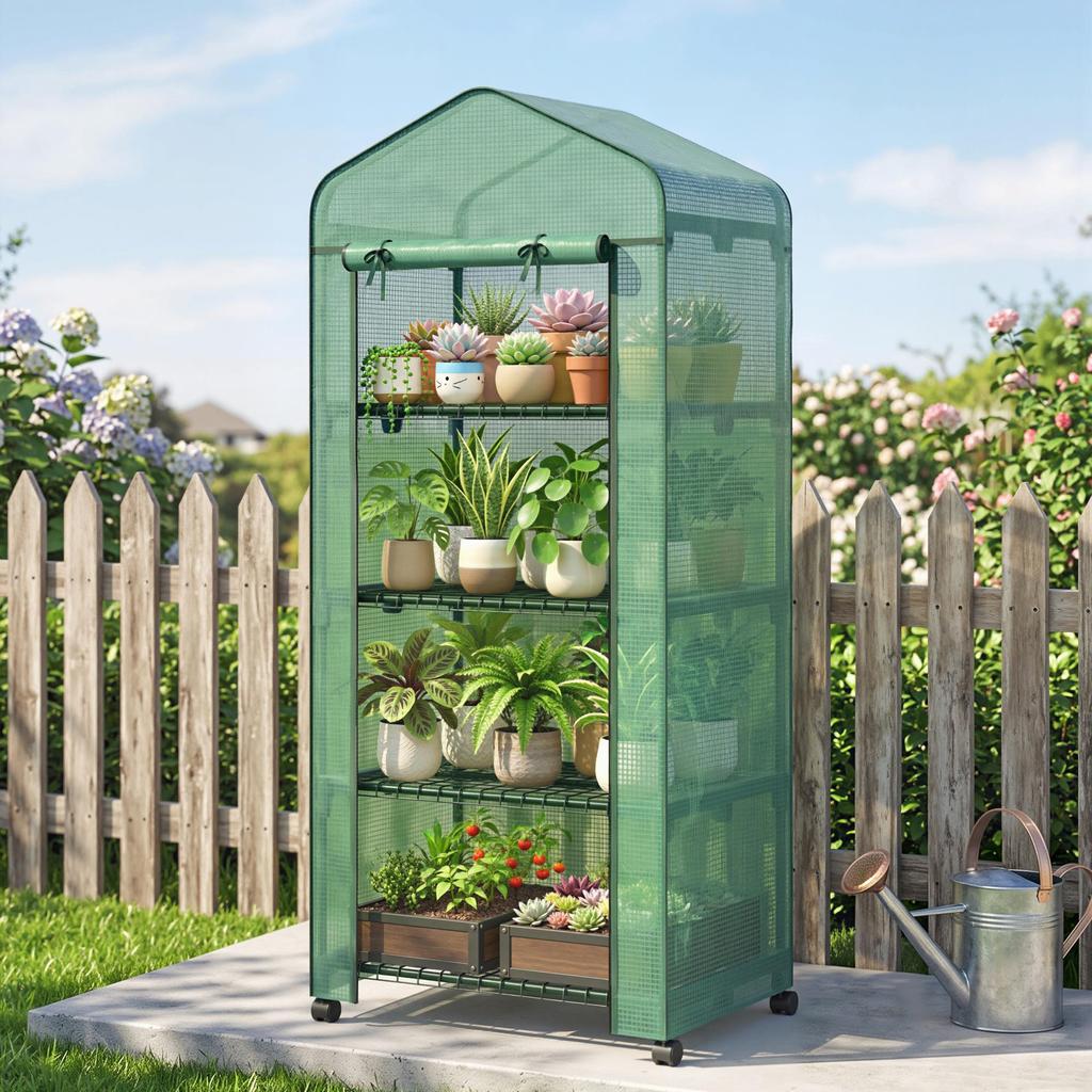 4 Tier Mini Portable Greenhouse Compact Plant Grow Shed Metal Frame PE Cover with Lockable Rolling Wheels , Green