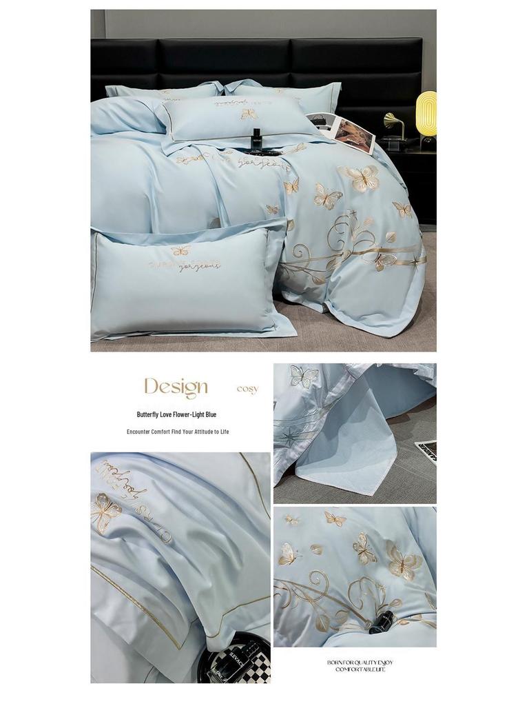 Luxurious Winter Cotton Flannel Embroidered Bedding Set: Thick Four-Piece Duvet & Sheet