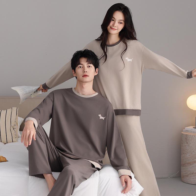 Damen Pyjama-Set aus gerippter Baumwolle - Langarm, lange Hose, sportlich-lässig, Herbststil, auch draußen tragbar