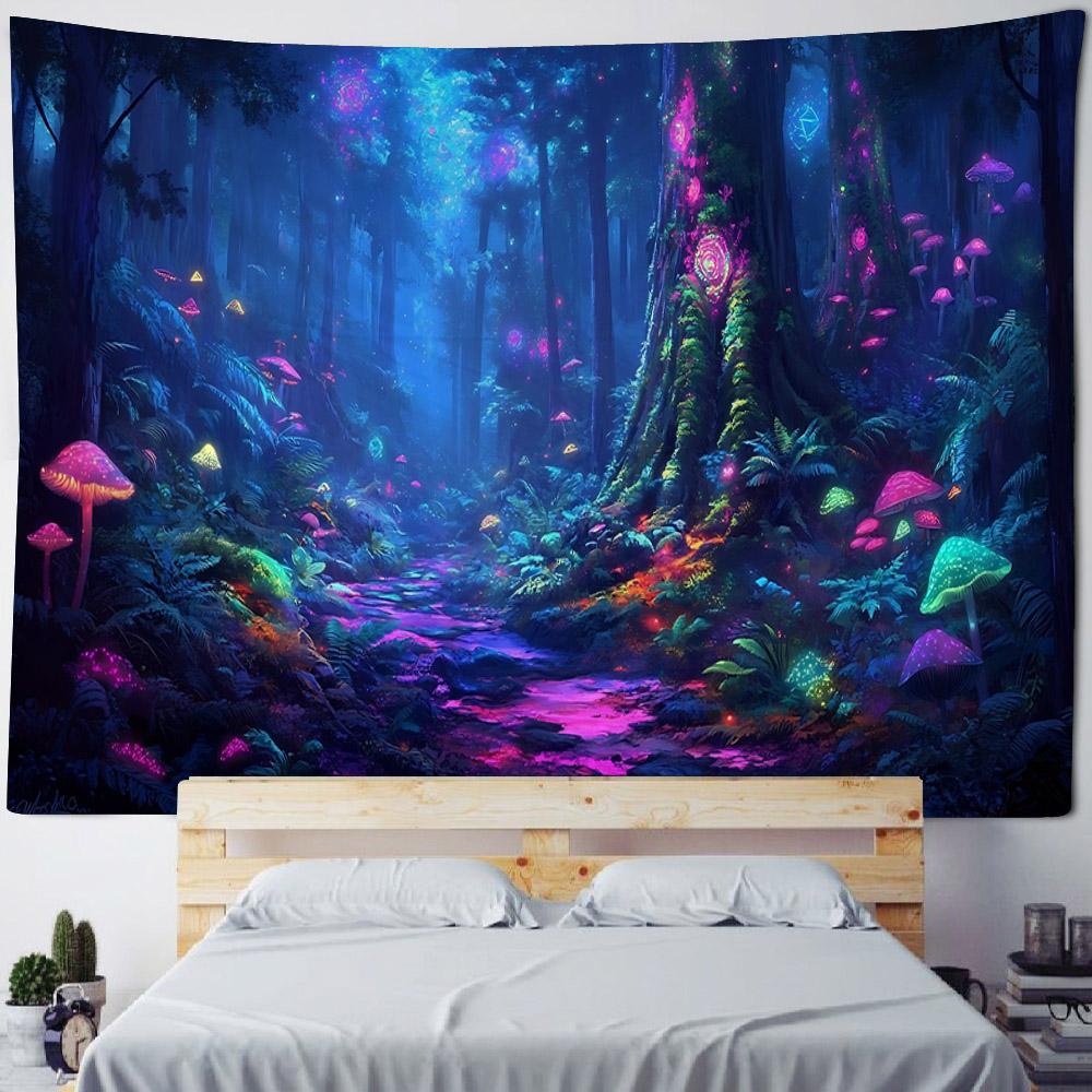 Tapestry, Psychedelic Forest Mushrooms, Room Decoration, Starry Sky, Plants, Cartoons, Bedroom Art Decoration Wall Hanging Cloth