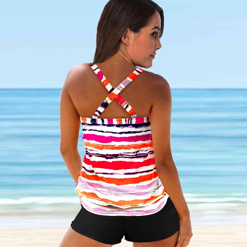 Women's Shoulder Strap Swimsuit Same Tone Stripes Print Bikini Tankini Swimsuit