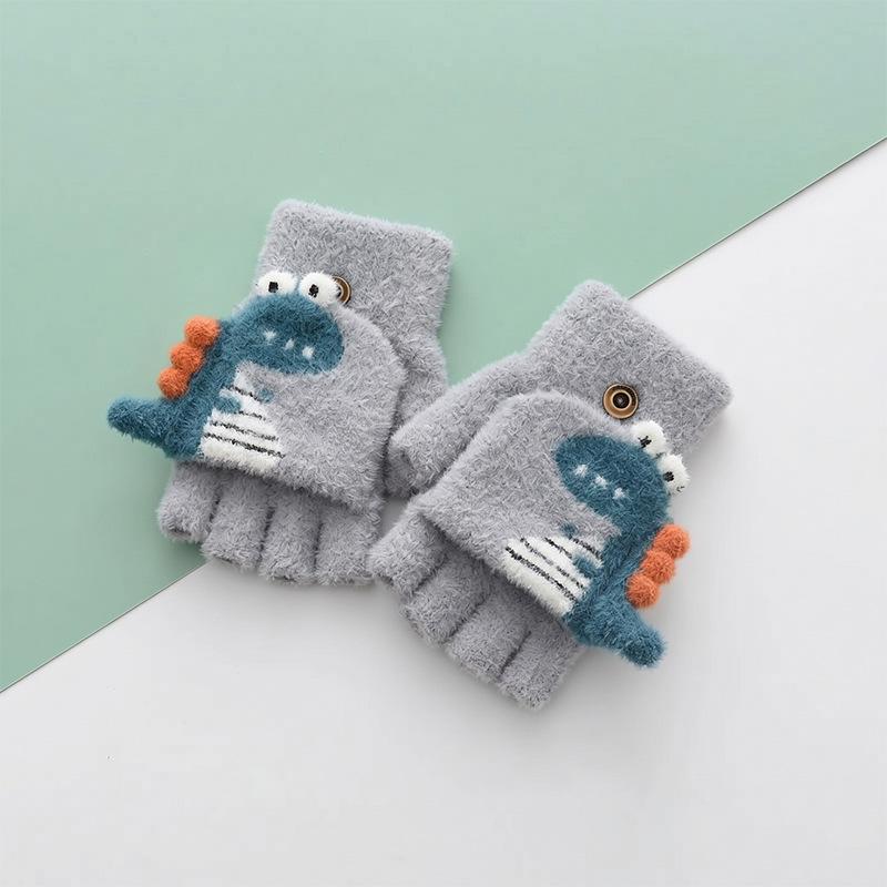 Winter Kids' Dinosaur Half-Finger Warm Gloves - Thick, Anti-Pilling, Cold Protection