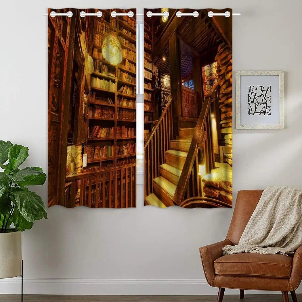 

3D цифровая печатная винтажная книжная полка, книжный шкаф, шторы для гостиной, спальни, ретро, ​​библиотека, оконные шторы, украшение для дома на заказ W50xH130(CM)x2PCS-Rod pocket
