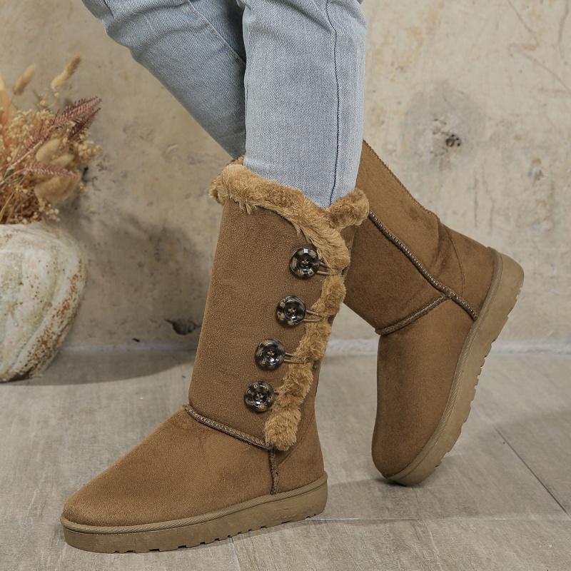 Winter Warm Lässig Mode Damen Schuhe Neu Knopf Bequem Flach Einfarbig Schlicht Schneestiefel Botas Mujer Chaussure Femme