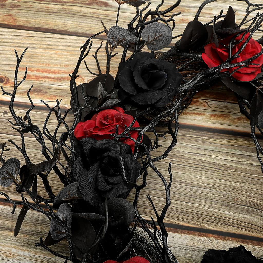 Spooky Flower Wreath for Front Door 17.7 Inch Artificial Black and Red Roses Wreath for Indoor Outdoor Holiday Party