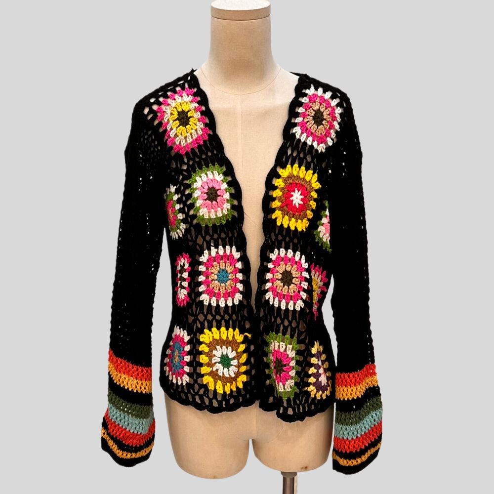 Ethnic Retro Crochet Rainbow Cardigan: Handmade Color Block Long Sleeve Knit Top