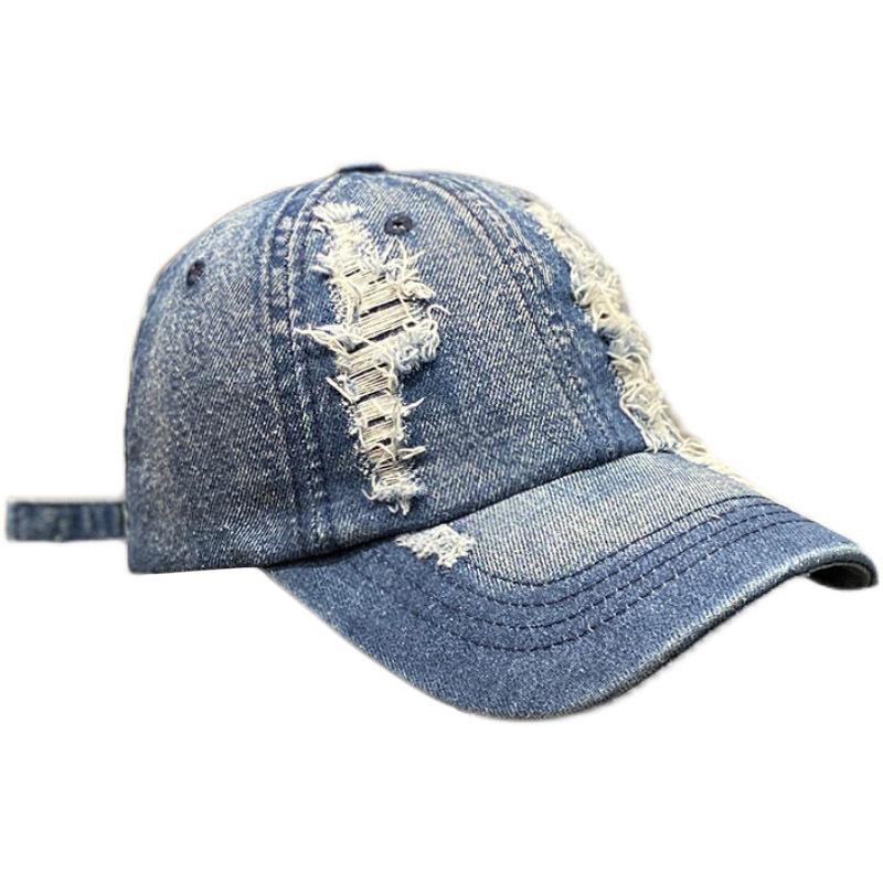 Koreanischer Stil Sonnenschutz Gewaschener Denim Ripped Baseballkappe für Damen, geeignet für Frühling und Herbst, Outdoor Sonnenschutz Streetwear Mode Kappe