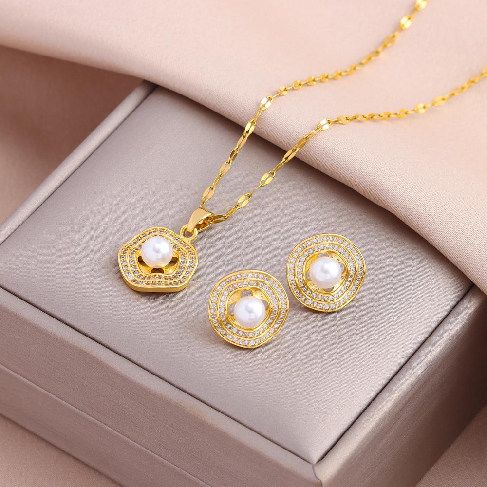 New Fashion Gold Plated Necklaces Earrings Sets For Women Female Trendy Party Jewelry Girls Daily Wear Neck Chain Earrings