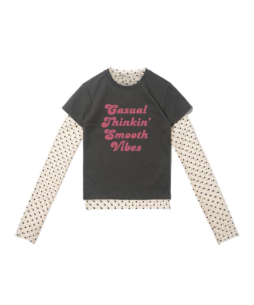 CARGOBROS FOR WOMAN Dot See-Through Long Sleeve Layered Casual Short Sleeve Tee Set (Ivory/Charcoal)
