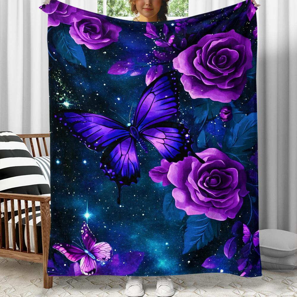1pc Purple butterfly roses galaxy night sky fleece blanket soft throw for bedroom decor romantic floral gift art 75X95CM